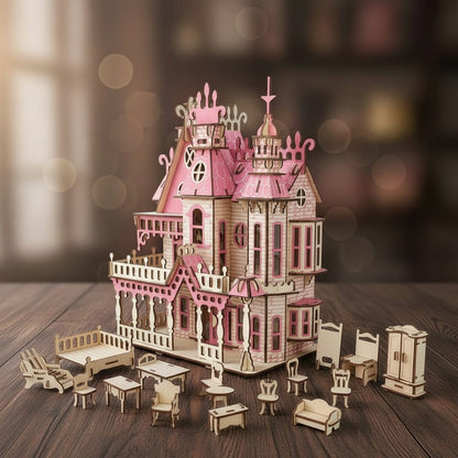 Puzzle 3D du Maison de poupée rose + décorations, vue studio sur surface en noyer