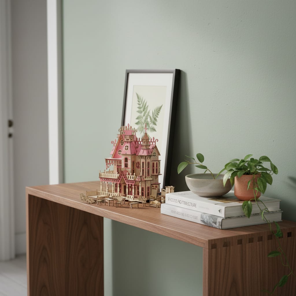 Puzzle 3D du Maison de poupée rose + décorations, posé sur une commode dans un intérieur design