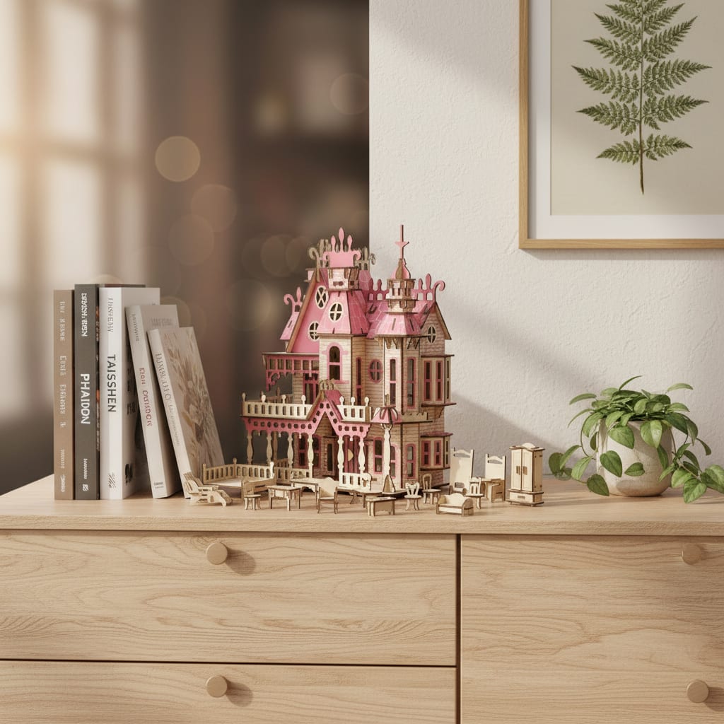 Puzzle 3D du Maison de poupée rose + décorations, exposé sur une étagère ouverte