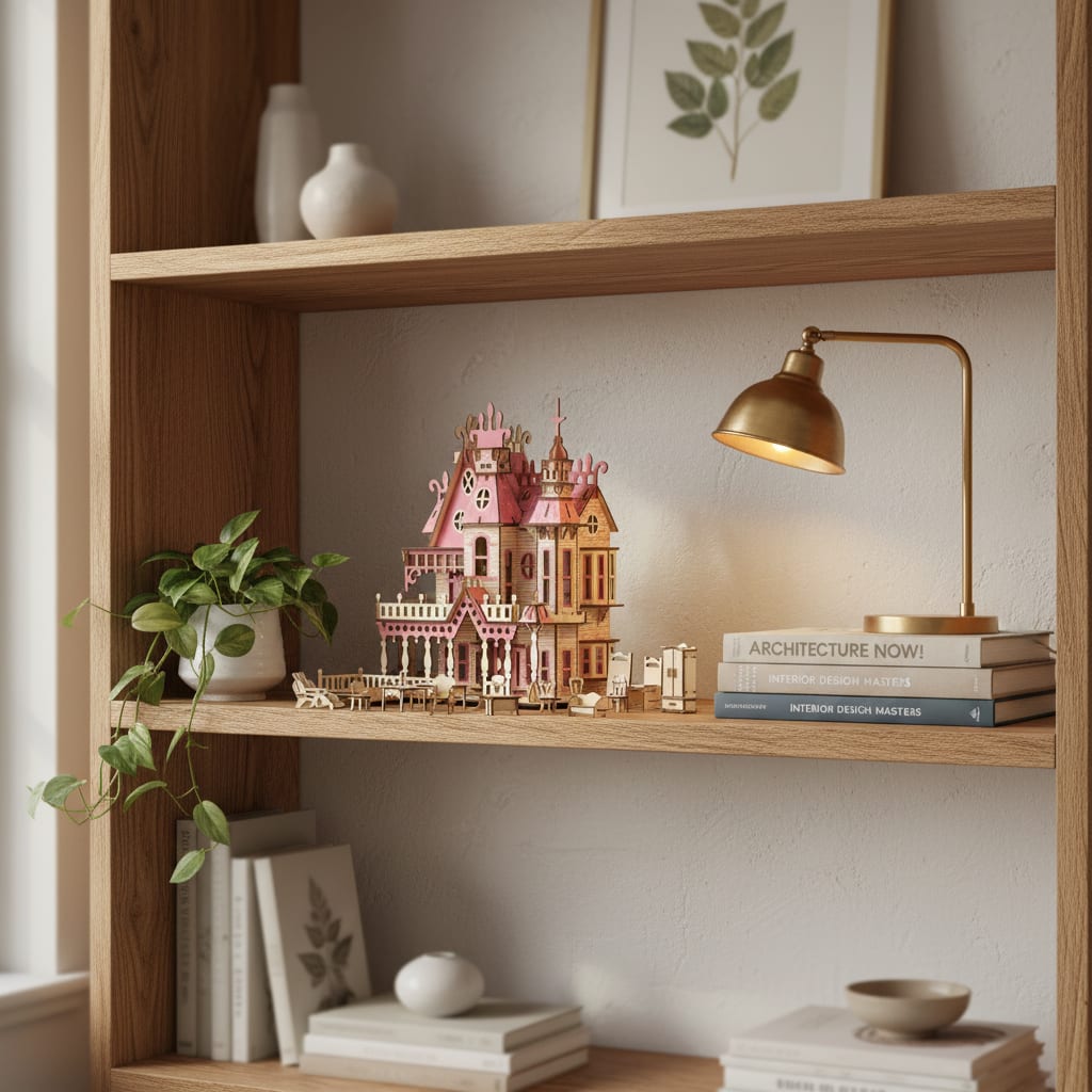 Puzzle 3D du Maison de poupée rose + décorations, placé sur une cheminée en pierre