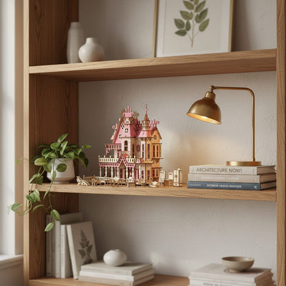 Puzzle 3D du Maison de poupée rose + décorations, placé sur une cheminée en pierre