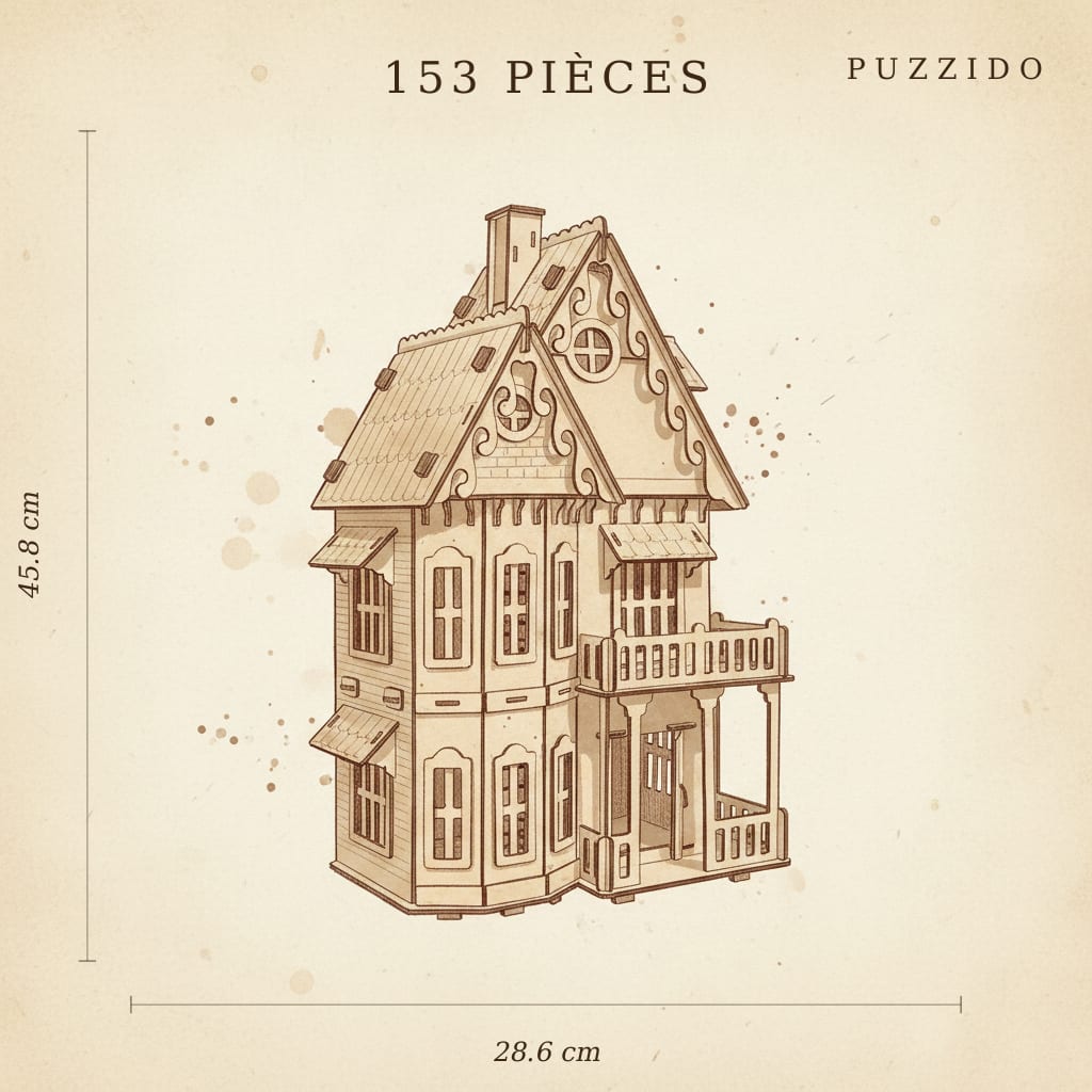 Puzzle 3D de la Maison Gothique en bois, plan technique.