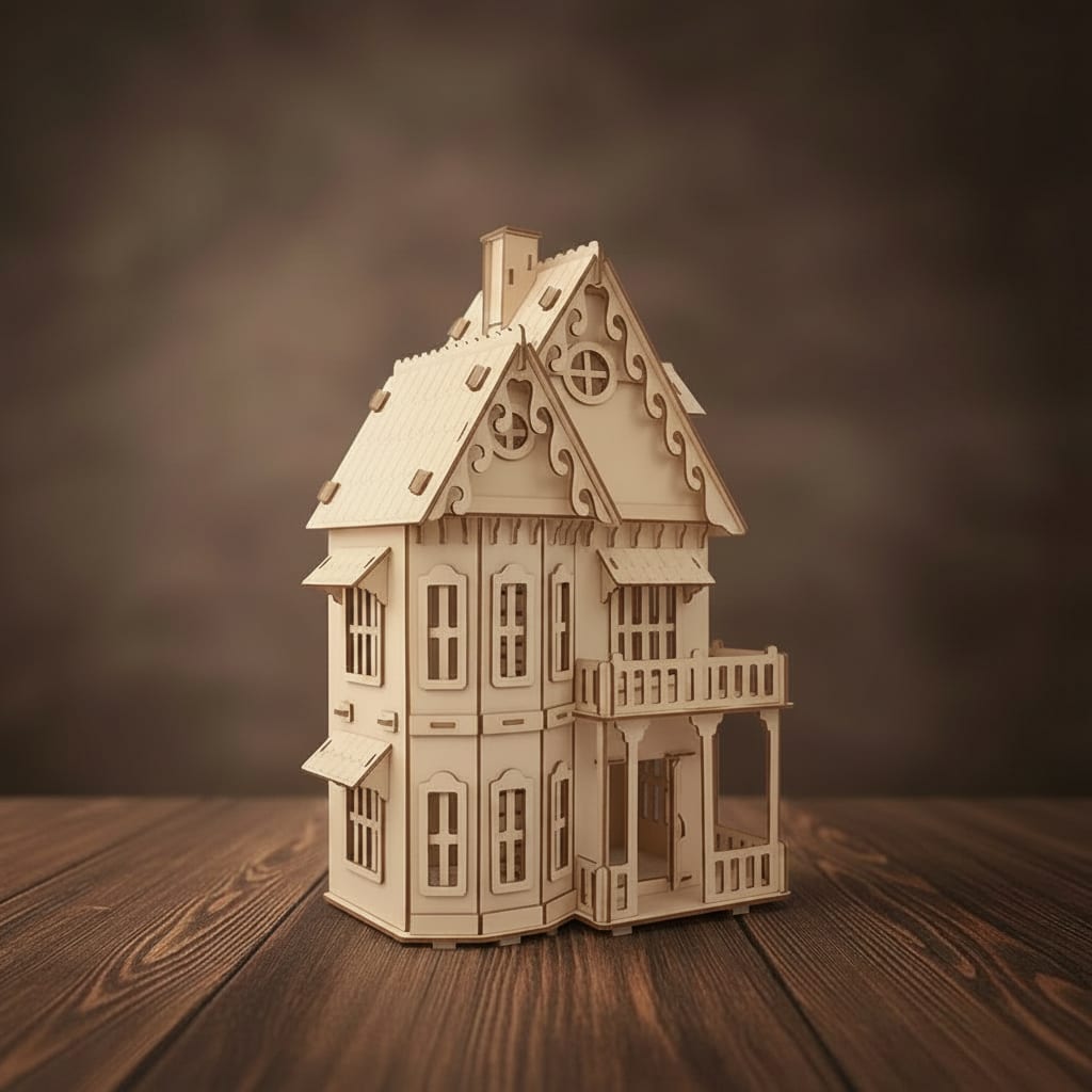 Puzzle 3D de la Maison Gothique en bois, assemblé.