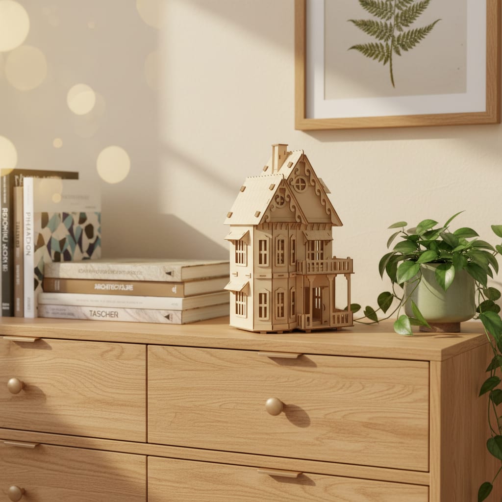 Puzzle 3D du Maison Gothique en Bois, posé sur une commode dans un intérieur design