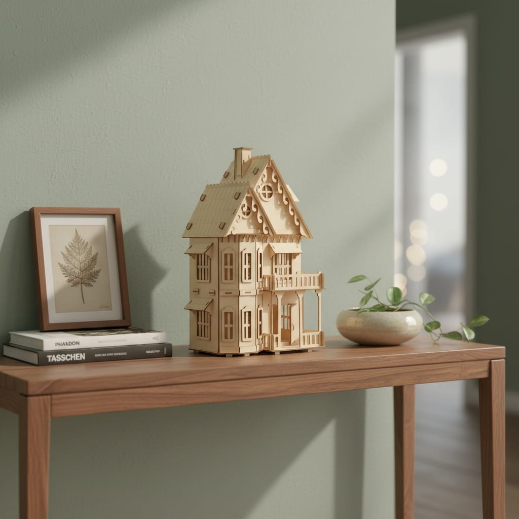 Puzzle 3D du Maison Gothique en Bois, placé sur une cheminée en pierre