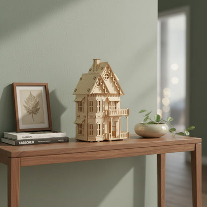 Puzzle 3D du Maison Gothique en Bois, placé sur une cheminée en pierre