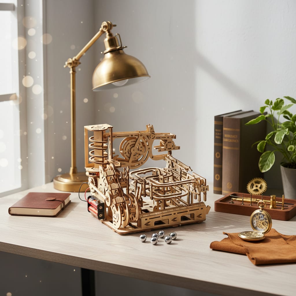 Puzzle 3D du Marble Run - A, placé sur une cheminée en pierre