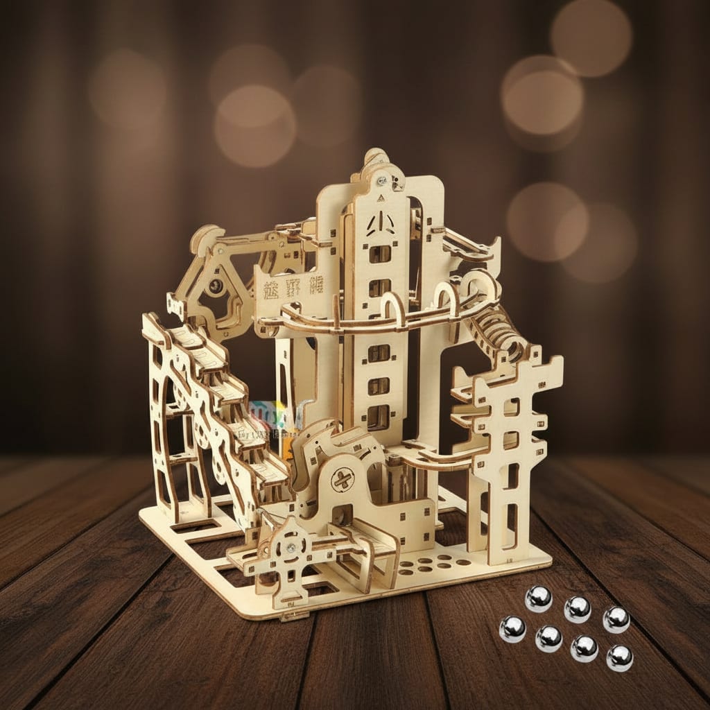 Puzzle 3D du Marble Run B en Bois, vue studio sur surface en noyer