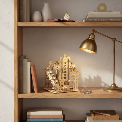 Puzzle 3D du Marble Run B en Bois, posé sur une commode dans un intérieur design
