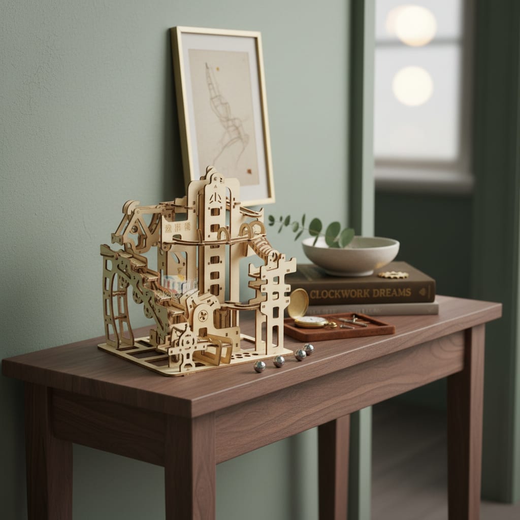 Puzzle 3D du Marble Run B en Bois, exposé sur une étagère ouverte