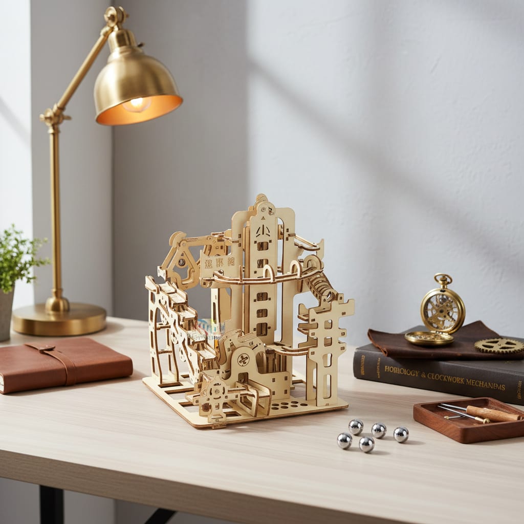 Puzzle 3D du Marble Run B en Bois, placé sur une cheminée en pierre