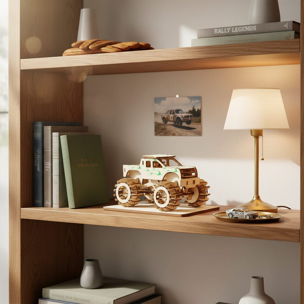 Puzzle 3D du Monster Truck en Bois, posé sur une commode dans un intérieur design