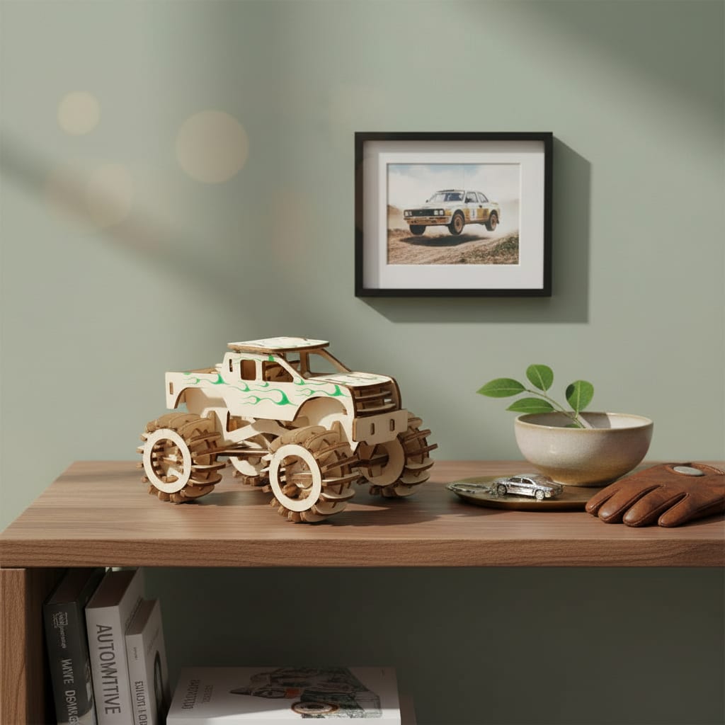 Puzzle 3D du Monster Truck en Bois, exposé sur une étagère ouverte