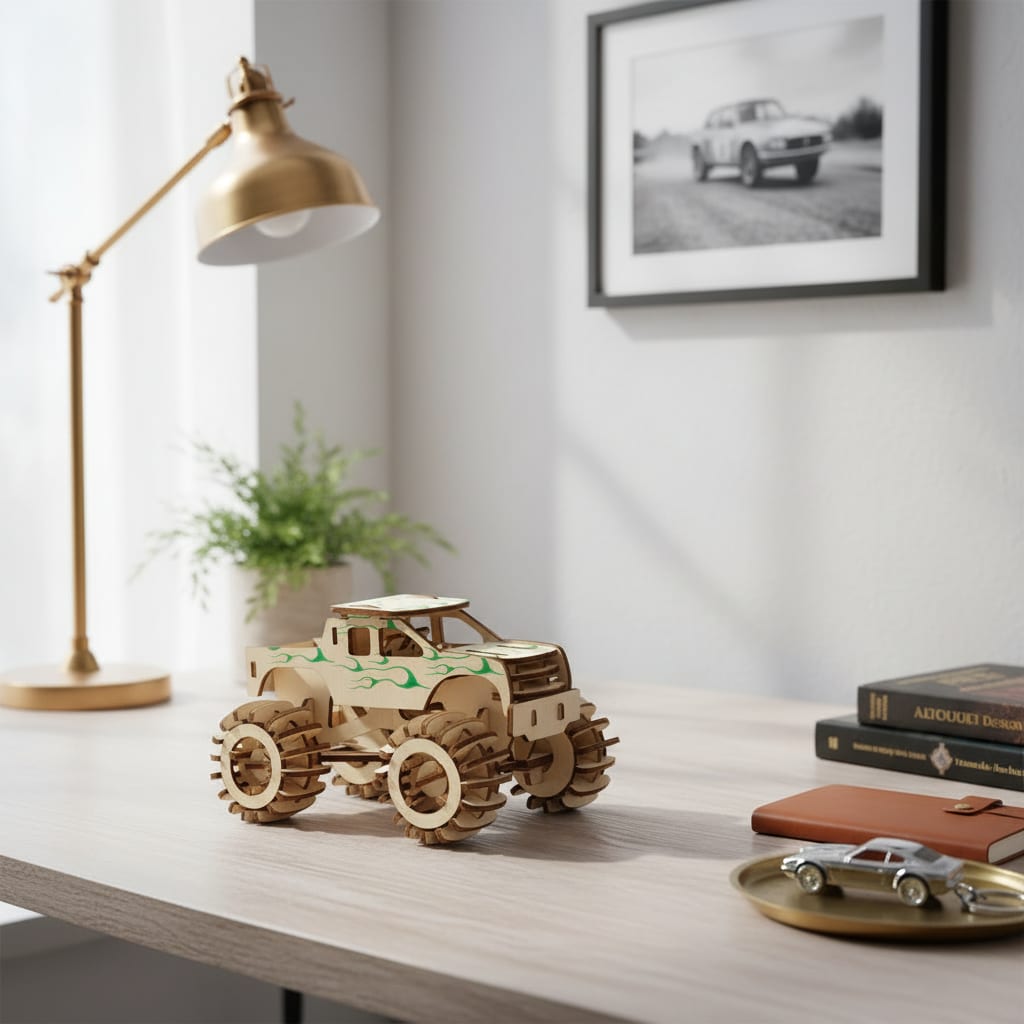 Puzzle 3D du Monster Truck en Bois, placé sur une cheminée en pierre