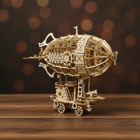 Puzzle 3D du Dirigeable Aventurier en bois, assemblé.