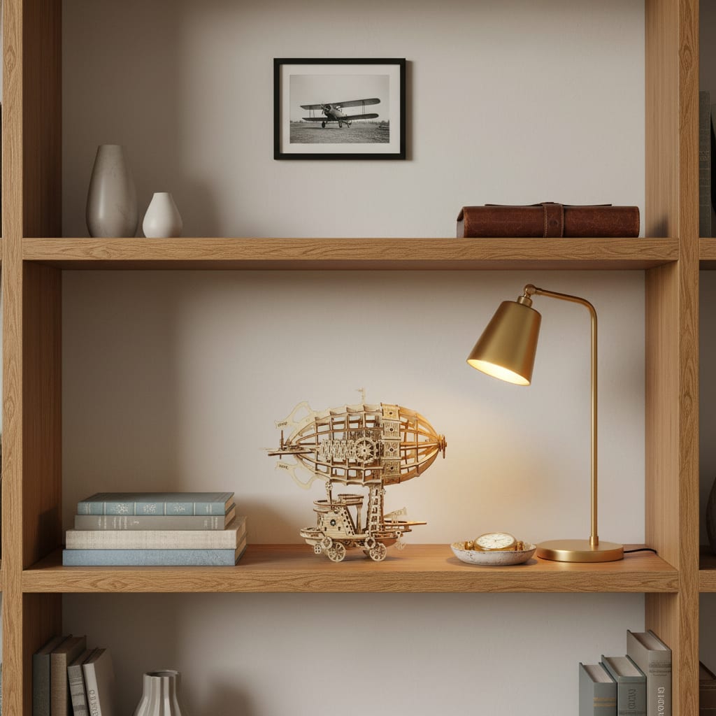 Puzzle 3D du Dirigeable Aventurier en Bois, posé sur une commode dans un intérieur design