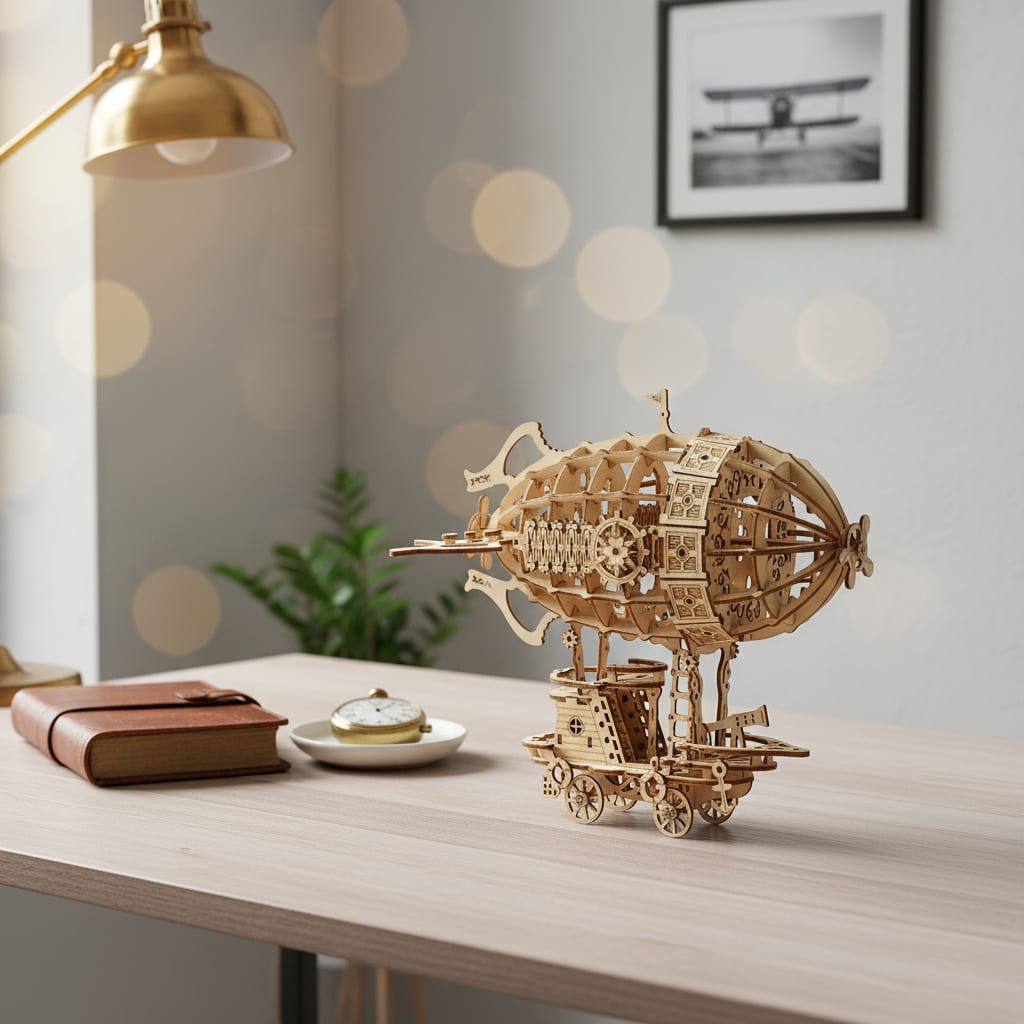 Puzzle 3D du Dirigeable Aventurier en Bois, placé sur une cheminée en pierre