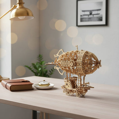Puzzle 3D du Dirigeable Aventurier en Bois, placé sur une cheminée en pierre