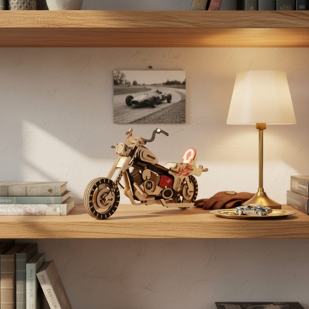 Puzzle 3D du Moto de Biker en Bois, posé sur une commode dans un intérieur design