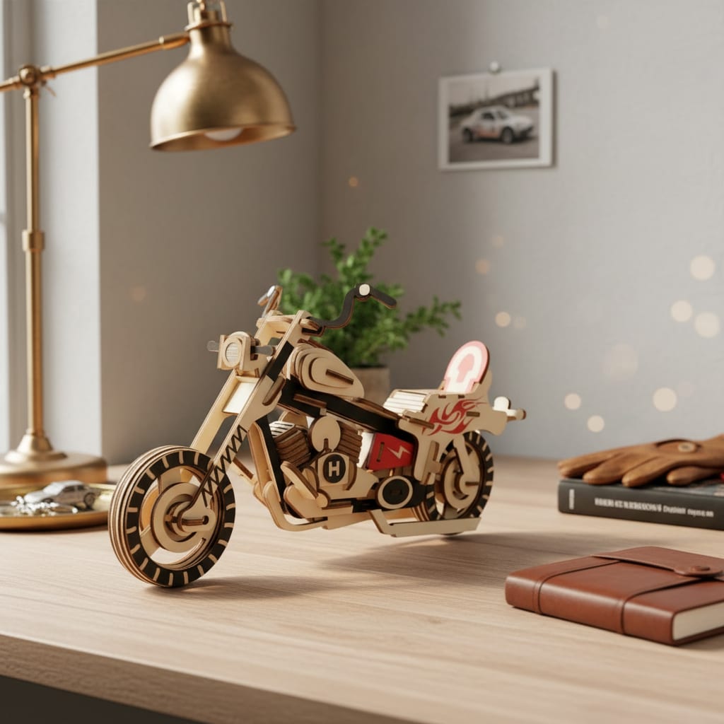 Puzzle 3D du Moto de Biker en Bois, placé sur une cheminée en pierre