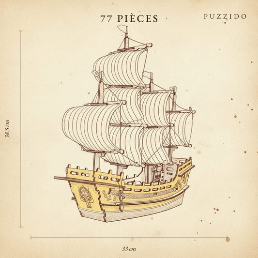 Puzzle 3D du Navire Marchand de Soie, plan technique avec dimensions