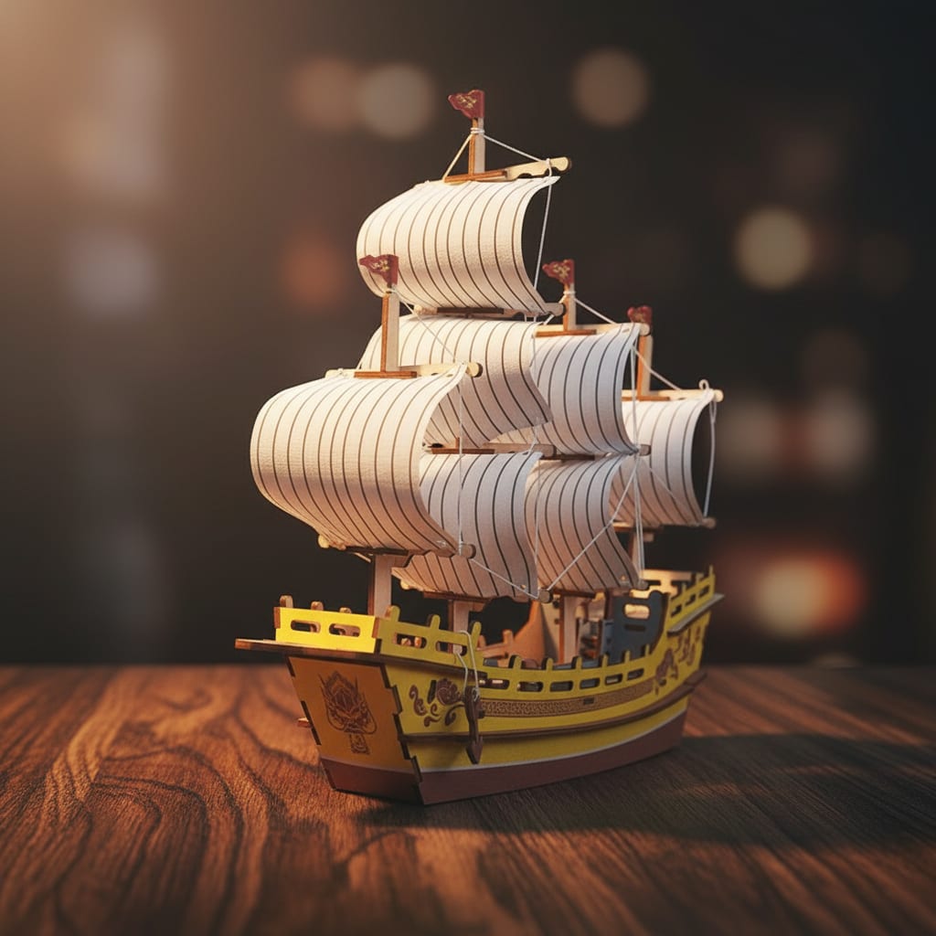 Puzzle 3D du Navire Marchand de Soie, vue studio sur surface en noyer