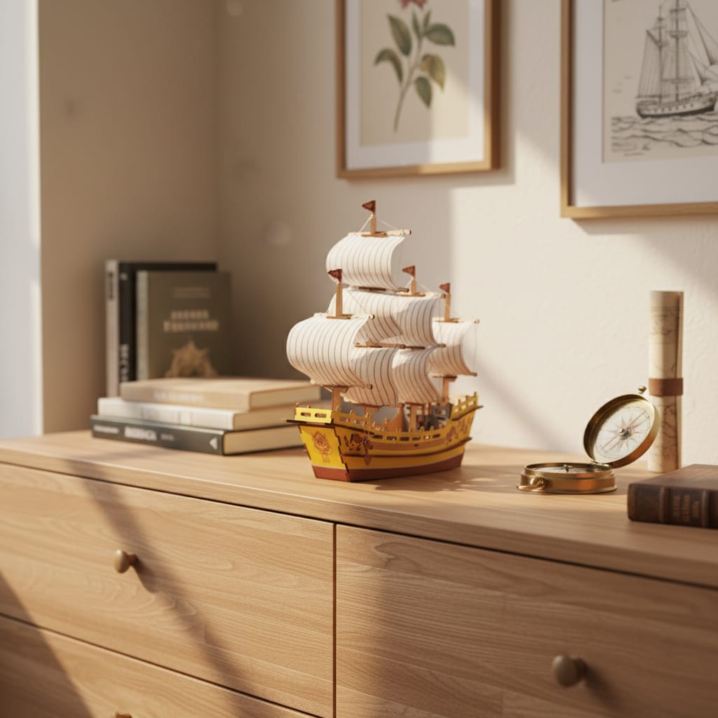 Puzzle 3D du Navire Marchand de Soie, posé sur une commode dans un intérieur design