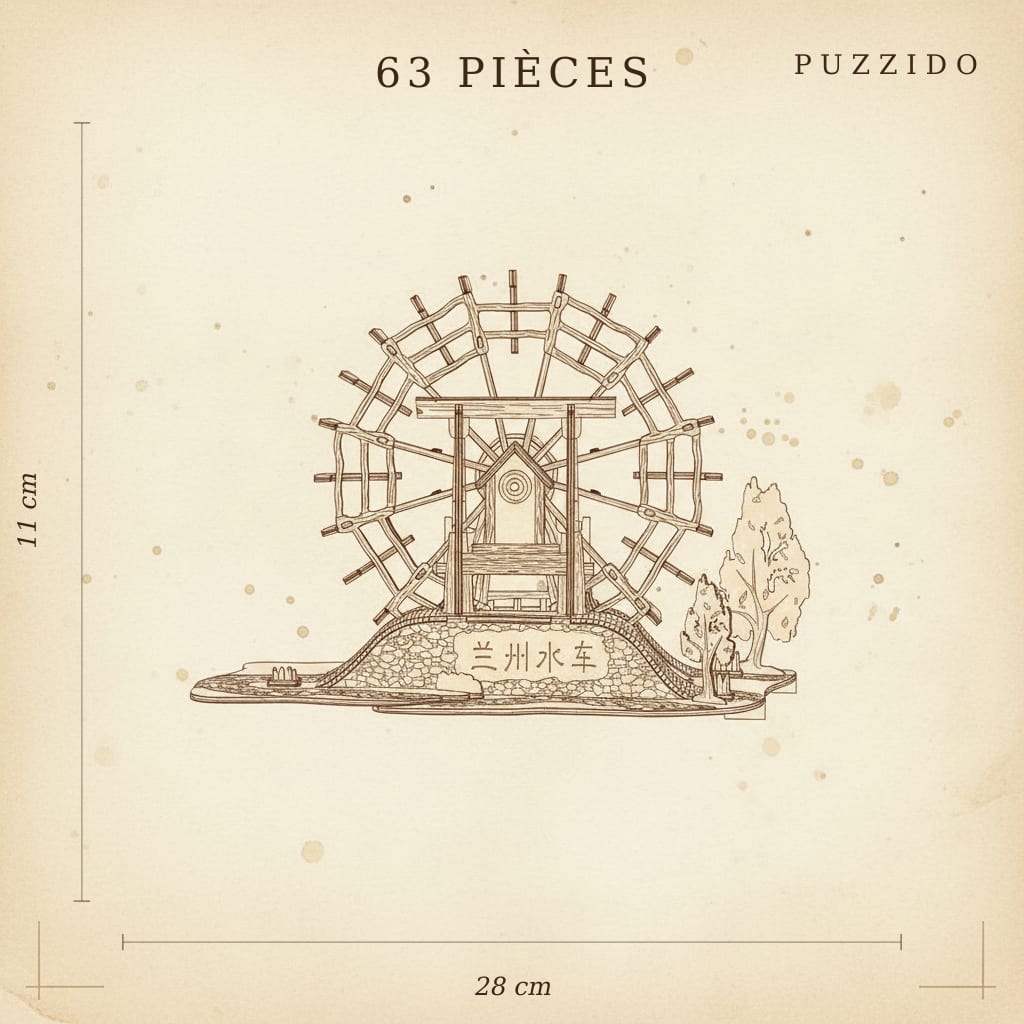 Puzzle 3D du Moulin à Eau de Lanzhou en Bois, plan technique avec dimensions