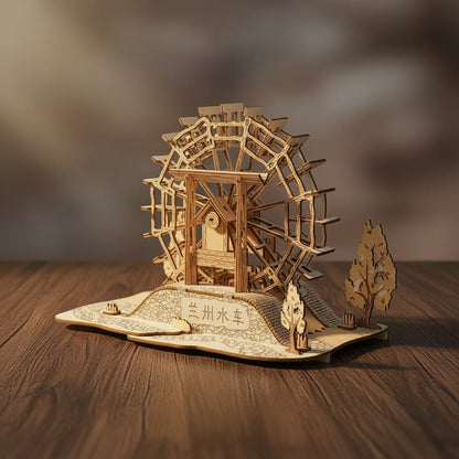 Puzzle 3D du moulin à eau de Lanzhou en bois, assemblé.