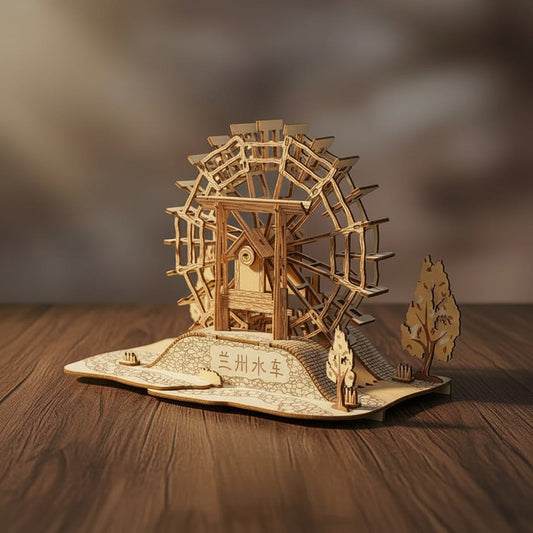 Puzzle 3D du moulin à eau de Lanzhou en bois, assemblé.