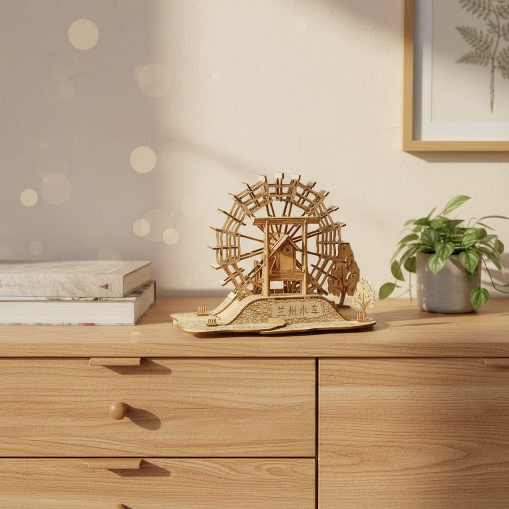 Puzzle 3D du Moulin à Eau de Lanzhou en Bois, posé sur une commode dans un intérieur design
