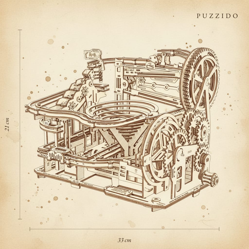 Puzzle 3D en Bois Parcours de Billes Manuel Simple — plan technique.