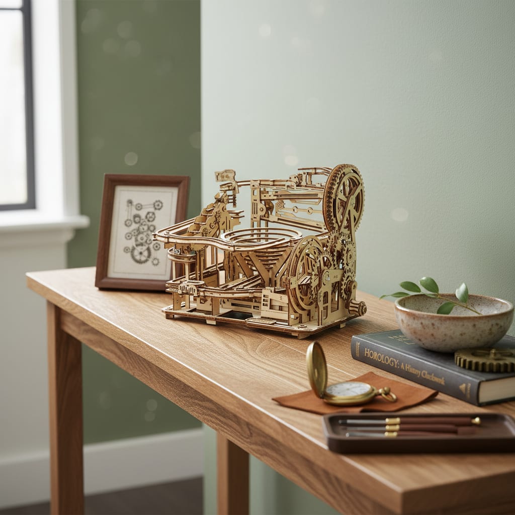 Puzzle 3D du Parcours de billes manuel, posé sur une commode dans un intérieur design