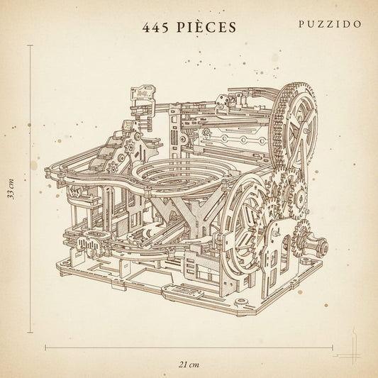 Puzzle 3D du Parcours de Billes Manuel Sophistiqué, plan technique avec dimensions