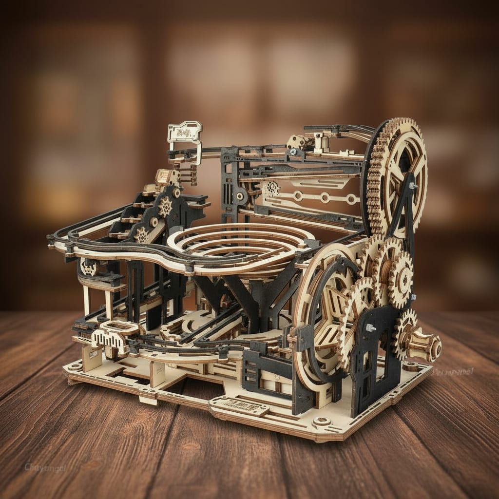 Puzzle 3D du Parcours de Billes Manuel Sophistiqué, vue studio sur surface en noyer