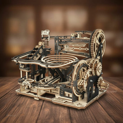 Puzzle 3D du Parcours de Billes Manuel Sophistiqué, vue studio sur surface en noyer