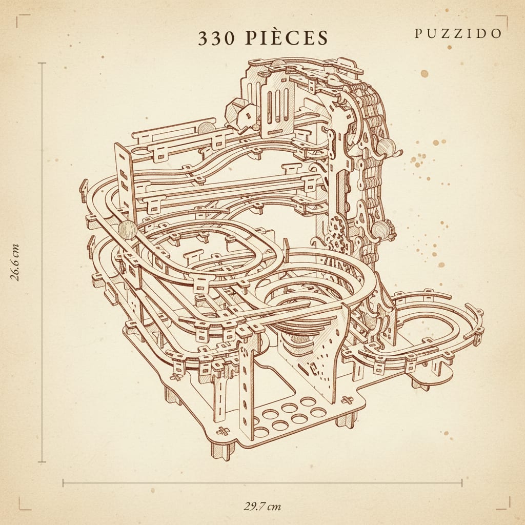 Puzzle 3D du Parcours de Billes Multi-étages, plan technique avec dimensions