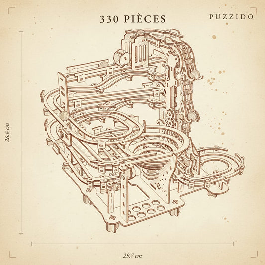 Puzzle 3D du Parcours de Billes Multi-étages, plan technique avec dimensions