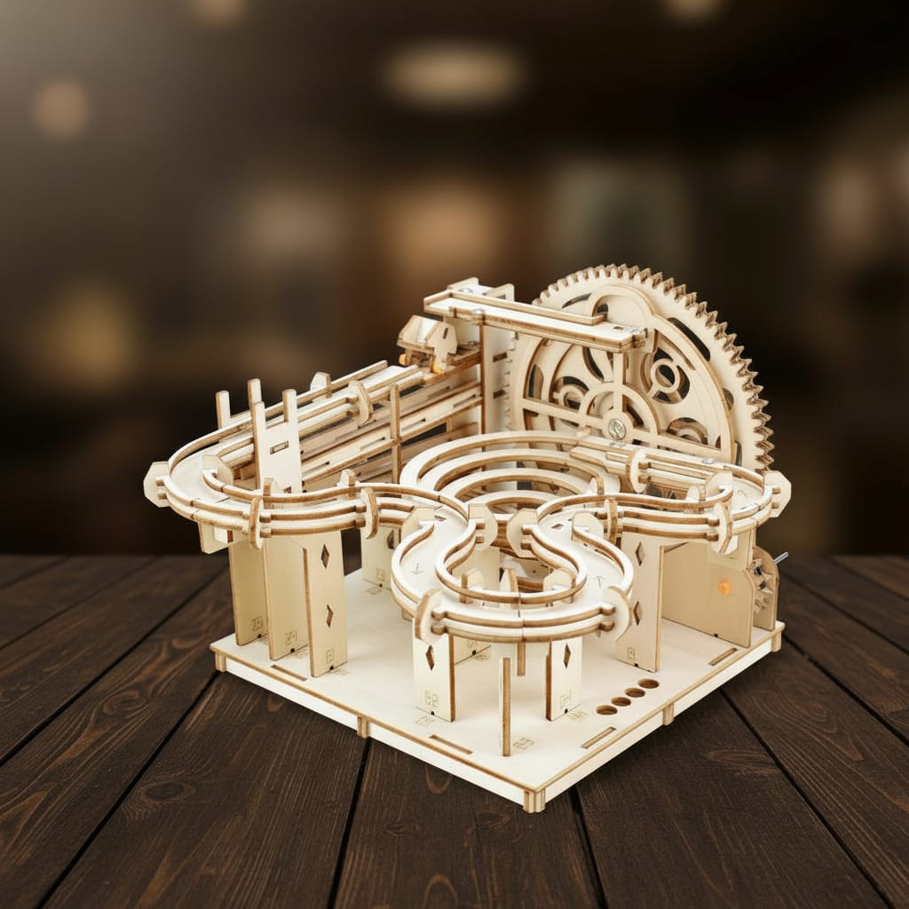 Puzzle 3D du Parcours de Billes Simple, vue studio sur surface en noyer