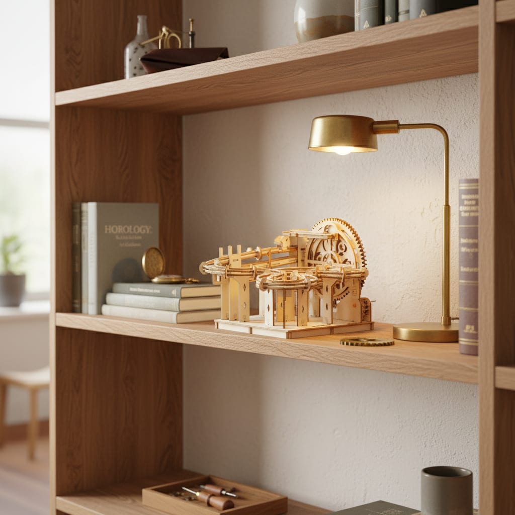 Puzzle 3D du Parcours de Billes Simple, posé sur une commode dans un intérieur design