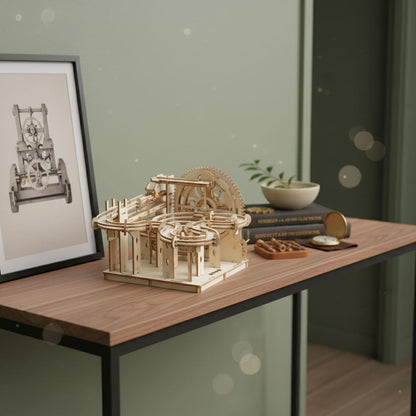 Puzzle 3D du Parcours de Billes Simple, exposé sur une étagère ouverte