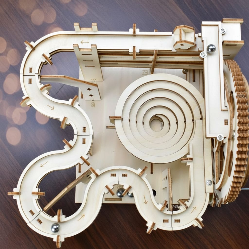 Puzzle 3D parcours de billes spirale vu de dessus, spirale centrale et virages en S