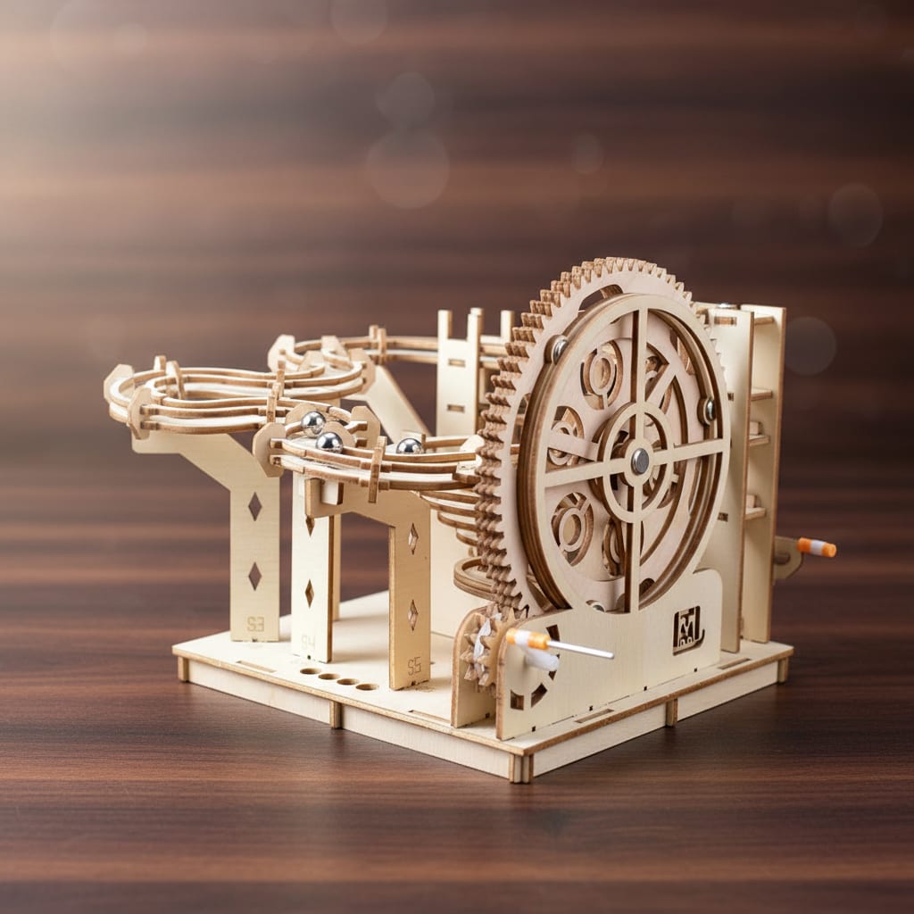 Puzzle 3D parcours de billes spirale, gros plan sur la grande roue dentée et le rail