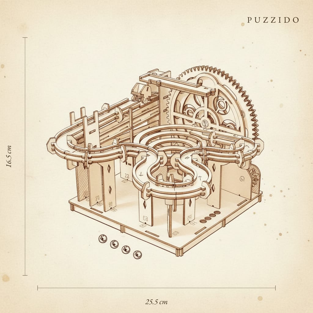 Schéma technique du puzzle 3D parcours de billes spirale, 25,5 cm de large sur 16,5 cm de haut