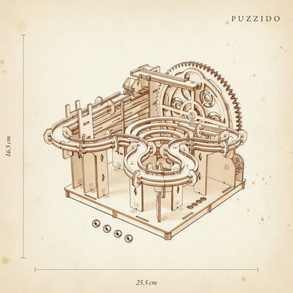 Schéma technique du puzzle 3D parcours de billes spirale, 25,5 cm de large sur 16,5 cm de haut