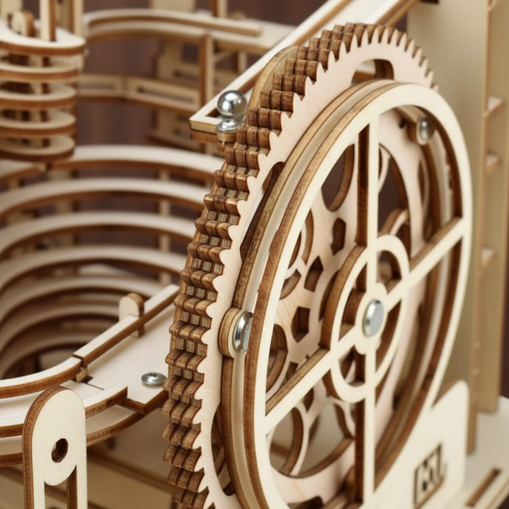 Détail du mécanisme à engrenages en bois du puzzle 3D parcours de billes spirale