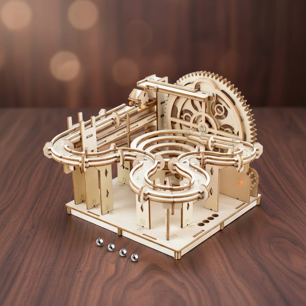 Puzzle 3D parcours de billes spirale en bois assemblé, vue 3/4 sur surface en noyer