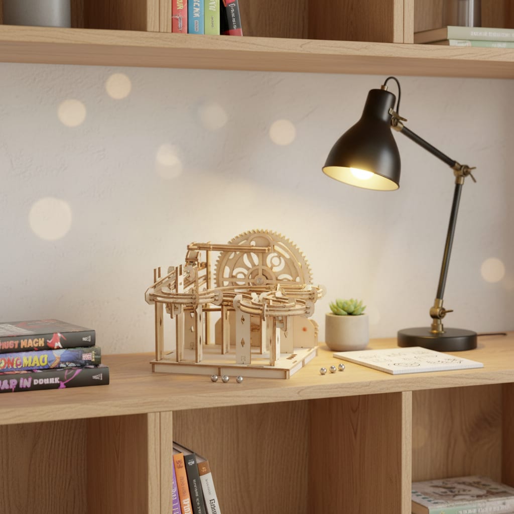 Puzzle 3D parcours de billes spirale posé sur une étagère de bureau avec lampe articulée