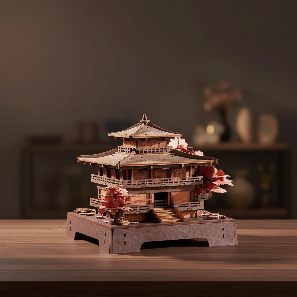 Puzzle 3D : Pavillon Sakura en Bois, assemblé et posé sur une table en bois sombre, ambiance tamisé…
