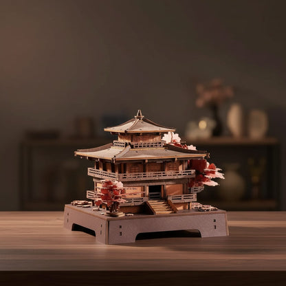 Puzzle 3D : Pavillon Sakura en Bois, assemblé et posé sur une table en bois sombre, ambiance tamisé…